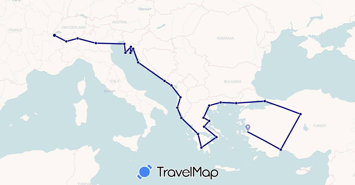TravelMap itinerary: driving in Albania, Switzerland, Greece, Croatia, Italy, Montenegro, Slovenia, Turkey (Asia, Europe)